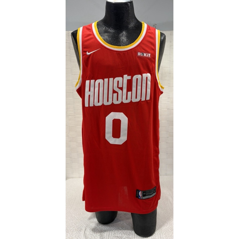 Nike Red Houston Rockets Russell Westbrook #0 yellow white trim mens 54
